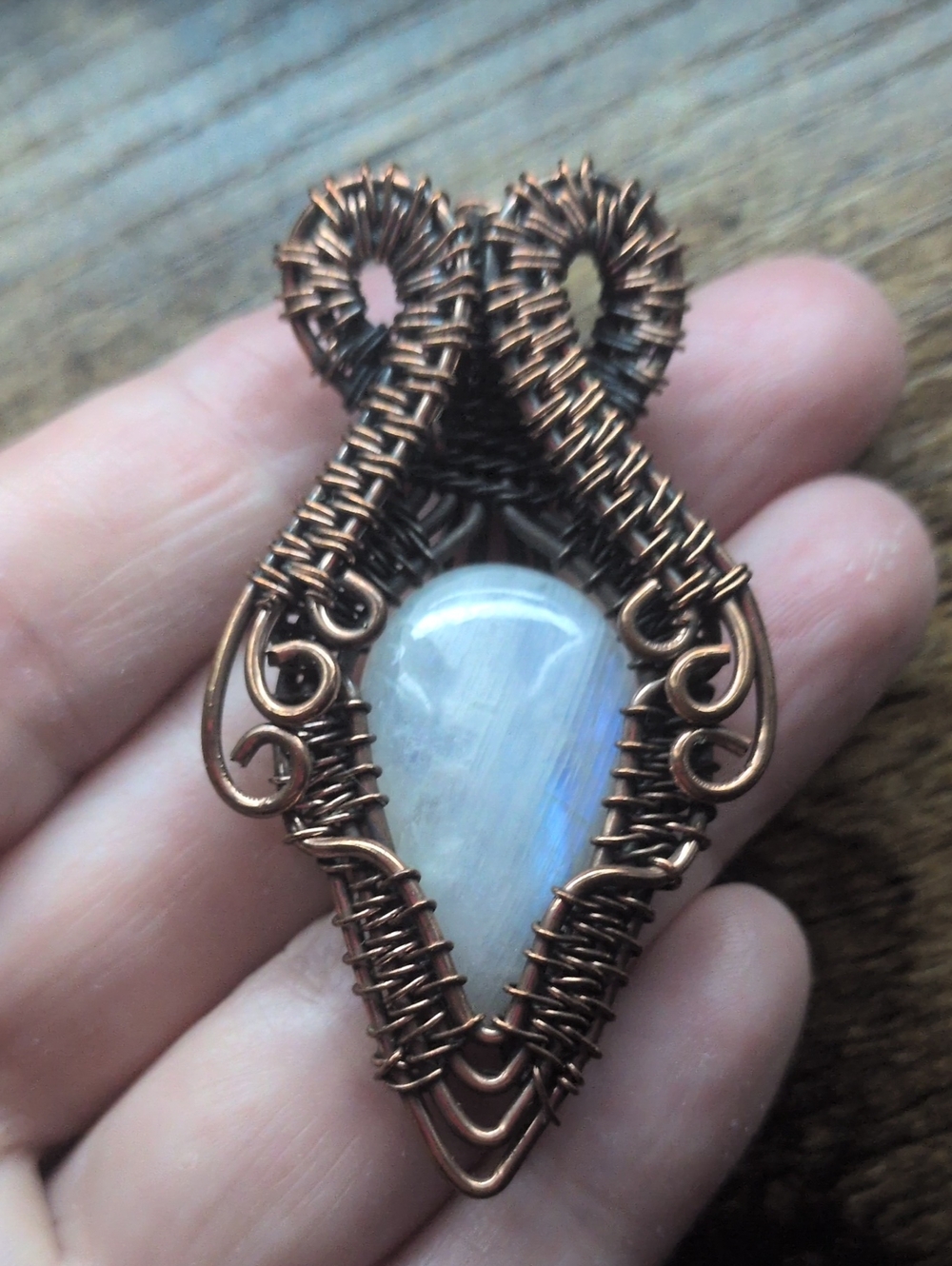 Handcrafted Copper Wire-Wrapped Moonstone Pendant - Iridescent White